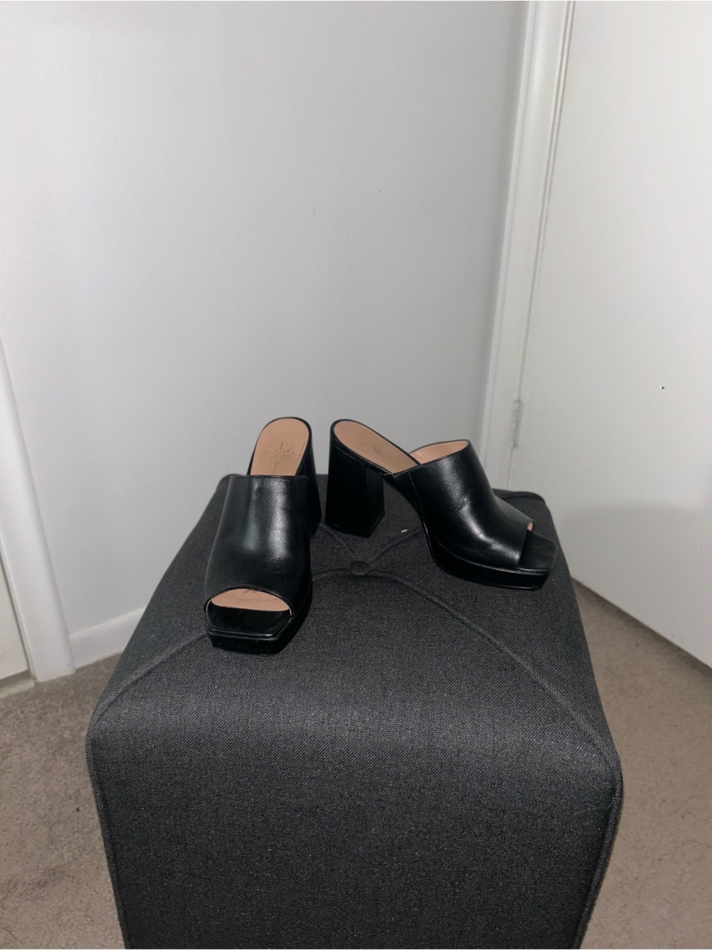 Paolo Black Leather Peep-Toe Block Heel Mules